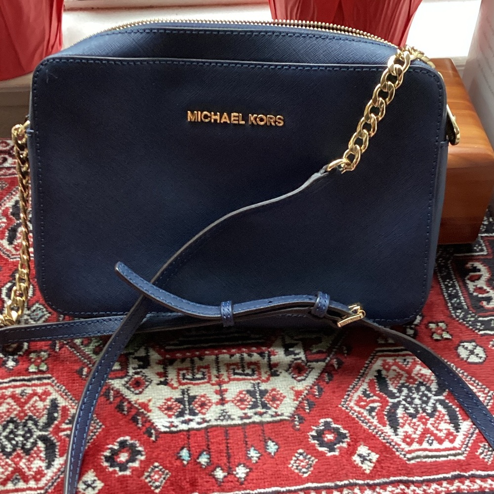 Michael Kors Dark Blue Crossbody Bag with Gold Accents